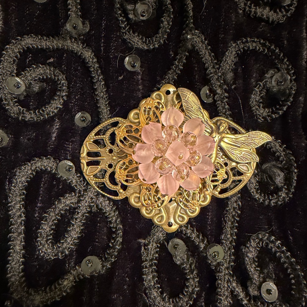 Gold Floral Brooch with Pink Resin Flower
